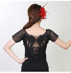 Black short sleeves hollow see through short sleeves  round neck back floral pattern women's competition performance professional tango waltz flamenco dance dancing tops blouses